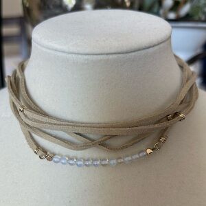 NWT Ettika REVOLVE Beige Faux Suede Leather Tie Beaded Choker Necklace